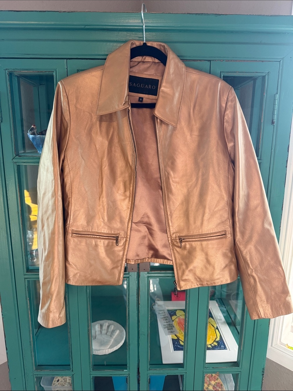 Vintage Saguaro 100% Leather Metallic Champagne Jacket Y2K Zip Front EUC